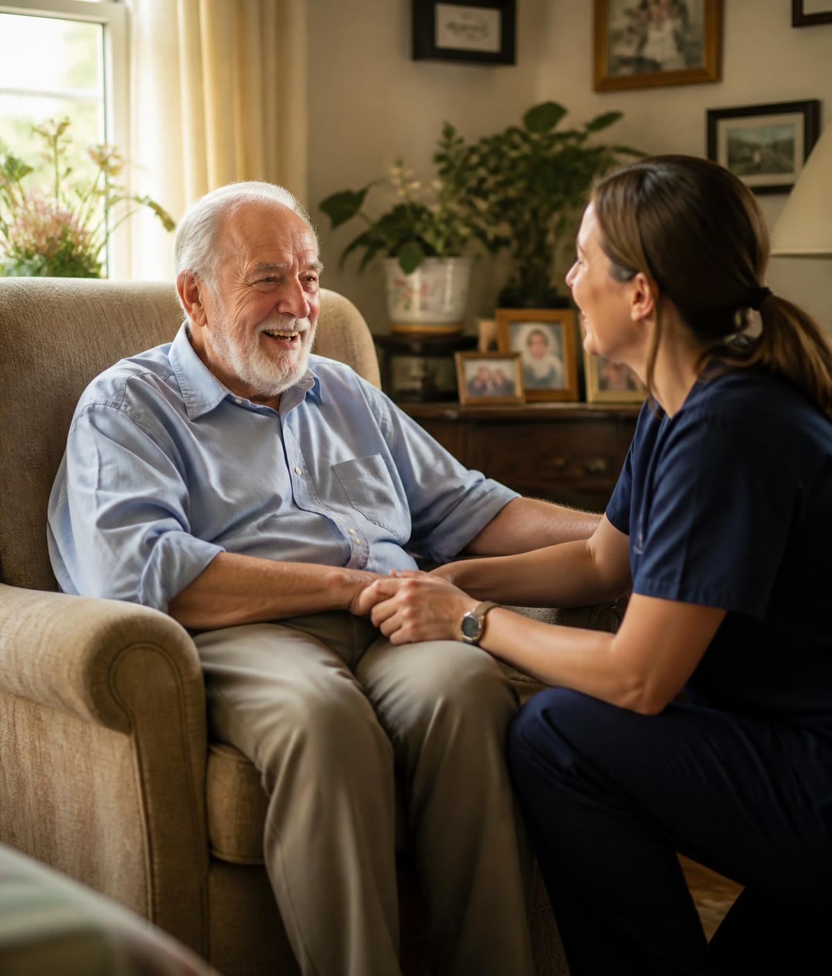 Caregiver assisting an elderly man on a garden walk